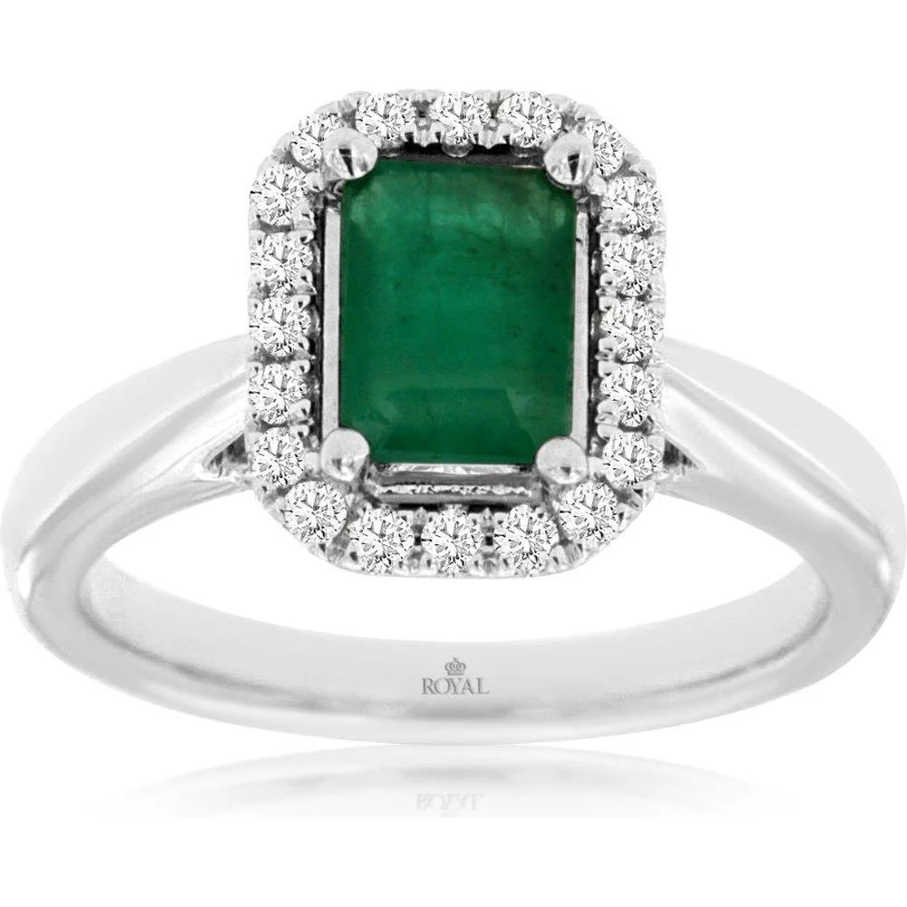 14K White Gold Emerald & Diamond Halo Ring - 1.40 Carats Total Emerald & Diamond Weight - Royal Jewelry