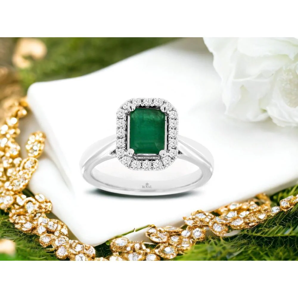 14K White Gold Emerald & Diamond Halo Ring - 1.40 Carats Total Emerald & Diamond Weight - Royal Jewelry - Image 2
