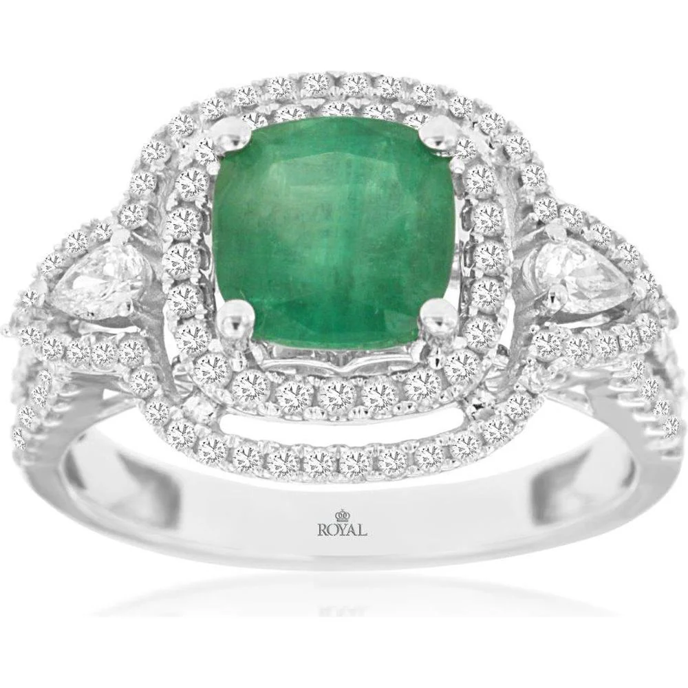 14K White Gold Emerald & Diamond Halo Ring with 1.45 Carats Emerald and 0.77 Carats Total Diamond Weight - Royal Jewelry