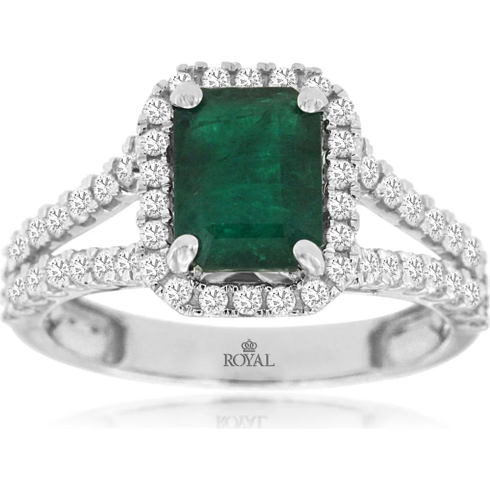 14K White Gold Emerald and Diamond Halo Ring with Split Shank Micropavé Band - 1.60 Carat Emerald, 0.71 Carat Diamond Total Weight - Royal Jewelry