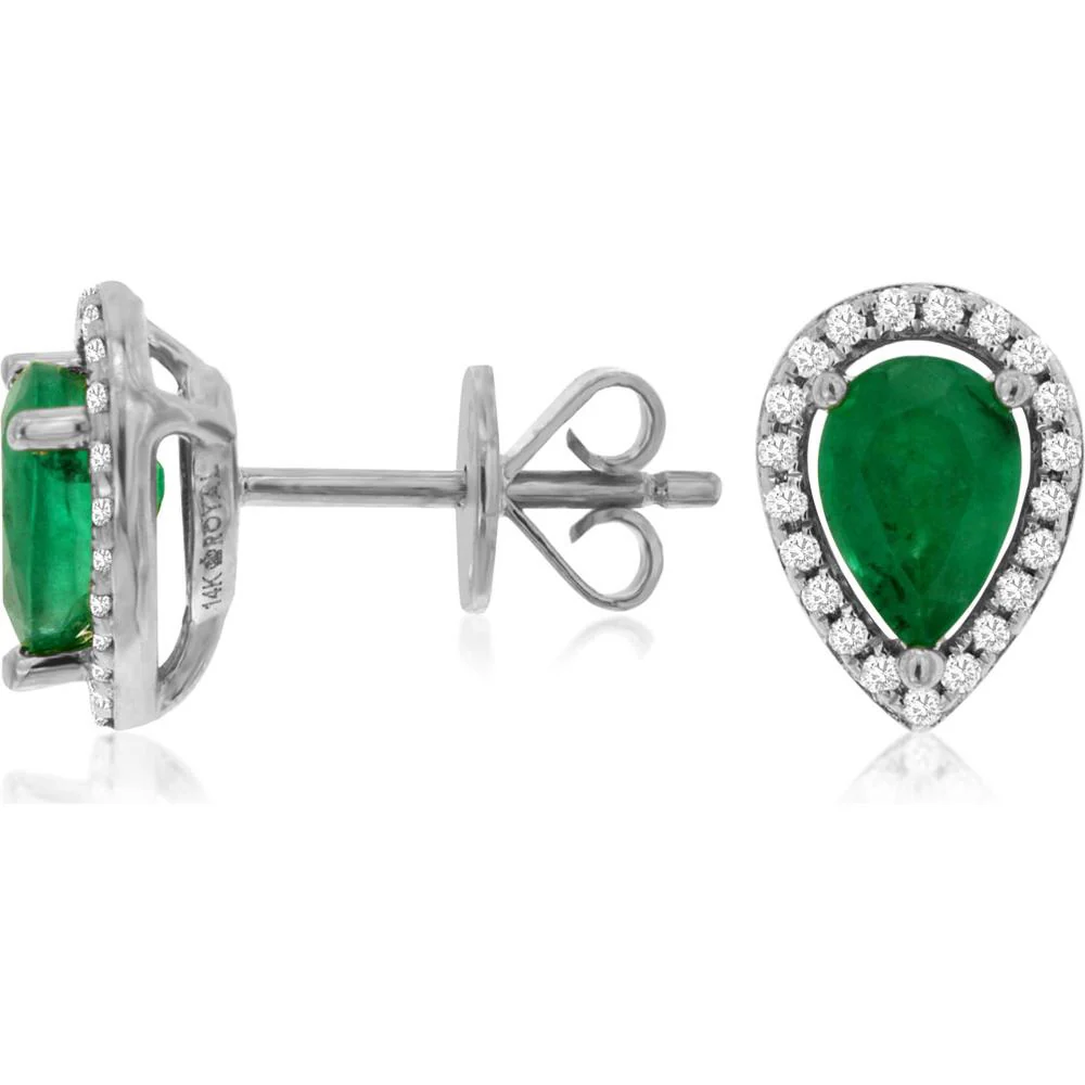 14K White Gold Emerald & Diamond Halo Studs - 1.50 Carats Total Emerald Weight - Royal Jewelry