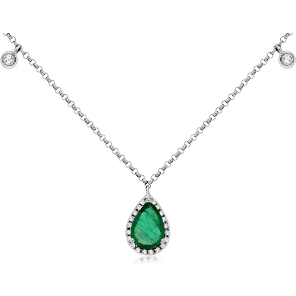 14K White Gold Emerald & Diamond Necklace with Pear-Shaped Emerald and Diamond Halo - 0.68 Carats Emerald, 0.12 Carats Total Diamond Weight - Royal Jewelry