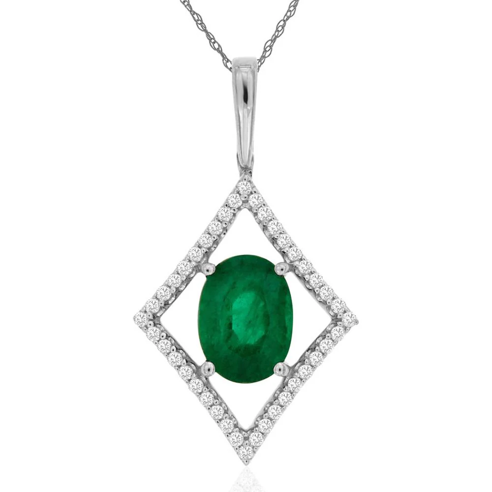 14K White Gold Emerald & Diamond Pendant - 1.15 Carats Total Gem Weight - Royal Jewelry