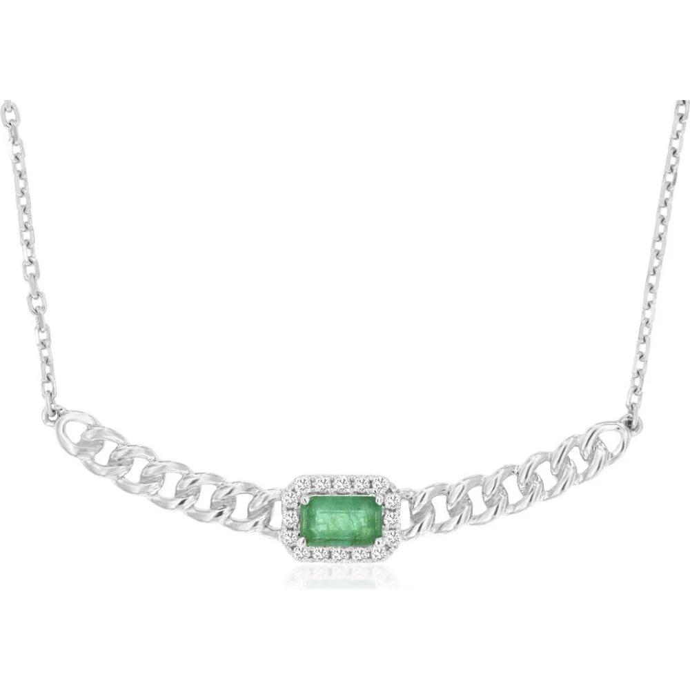 14K White Gold Emerald & Diamond Pendant Necklace with Milgrain Detail - 0.35 Carats Total Gemstone Weight - Royal Jewelry