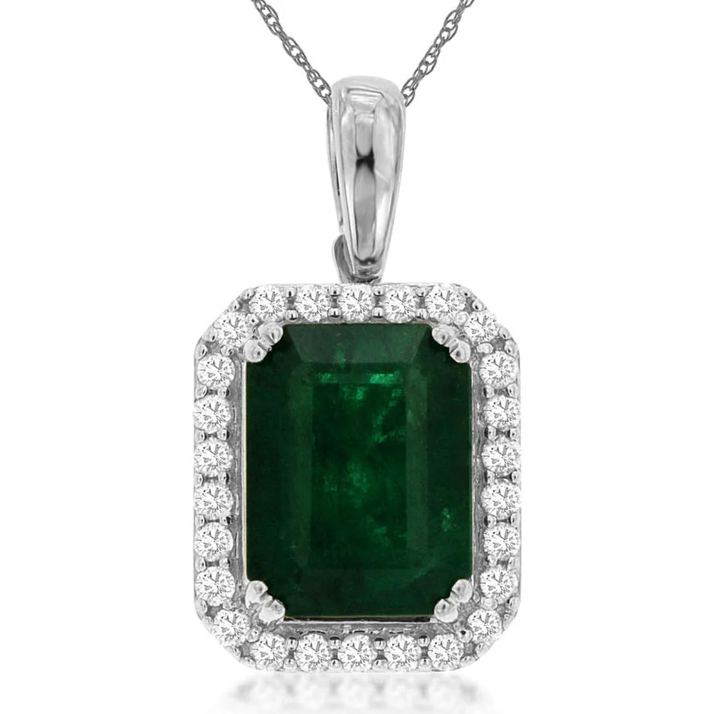 14K White Gold Emerald & Diamond Pendant with Emerald Cut Emerald - 2.15 Carats Total Emerald Weight, 0.20 Carats Total Diamond Weight - Royal Jewelry