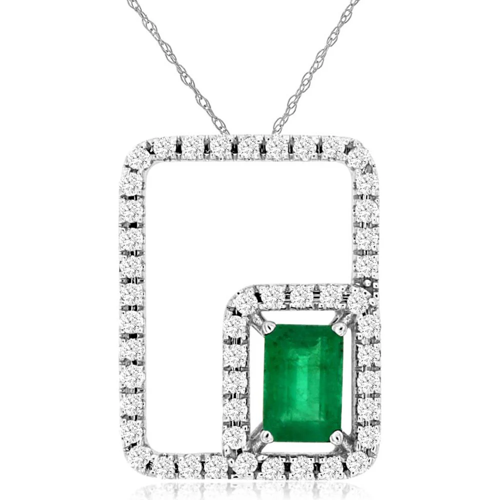 14K White Gold Emerald & Diamond Pendant with Halo - 0.55 Carats Emerald, 0.33 Carats Total Diamond Weight - Royal Jewelry