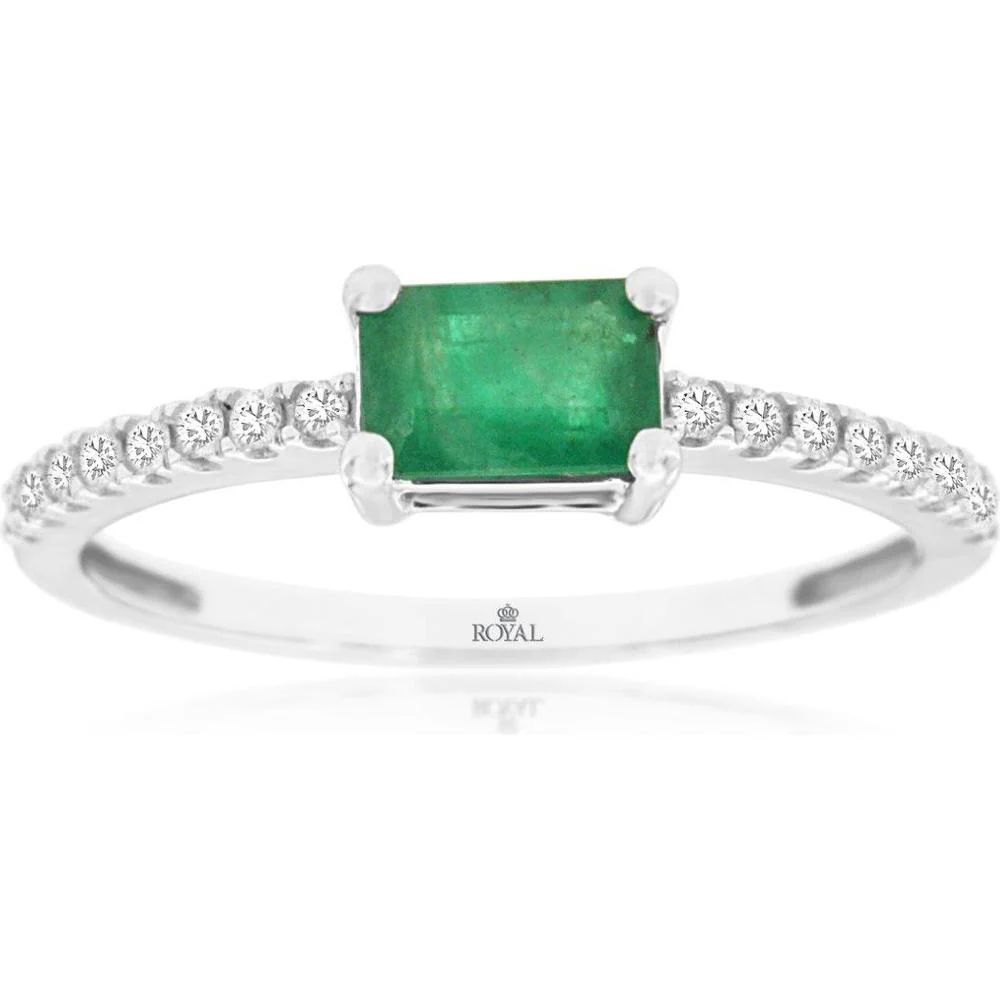 14K White Gold Emerald & Diamond Ring - 0.55 Carats Emerald, 0.14 Carats Total Diamond Weight - Royal Jewelry