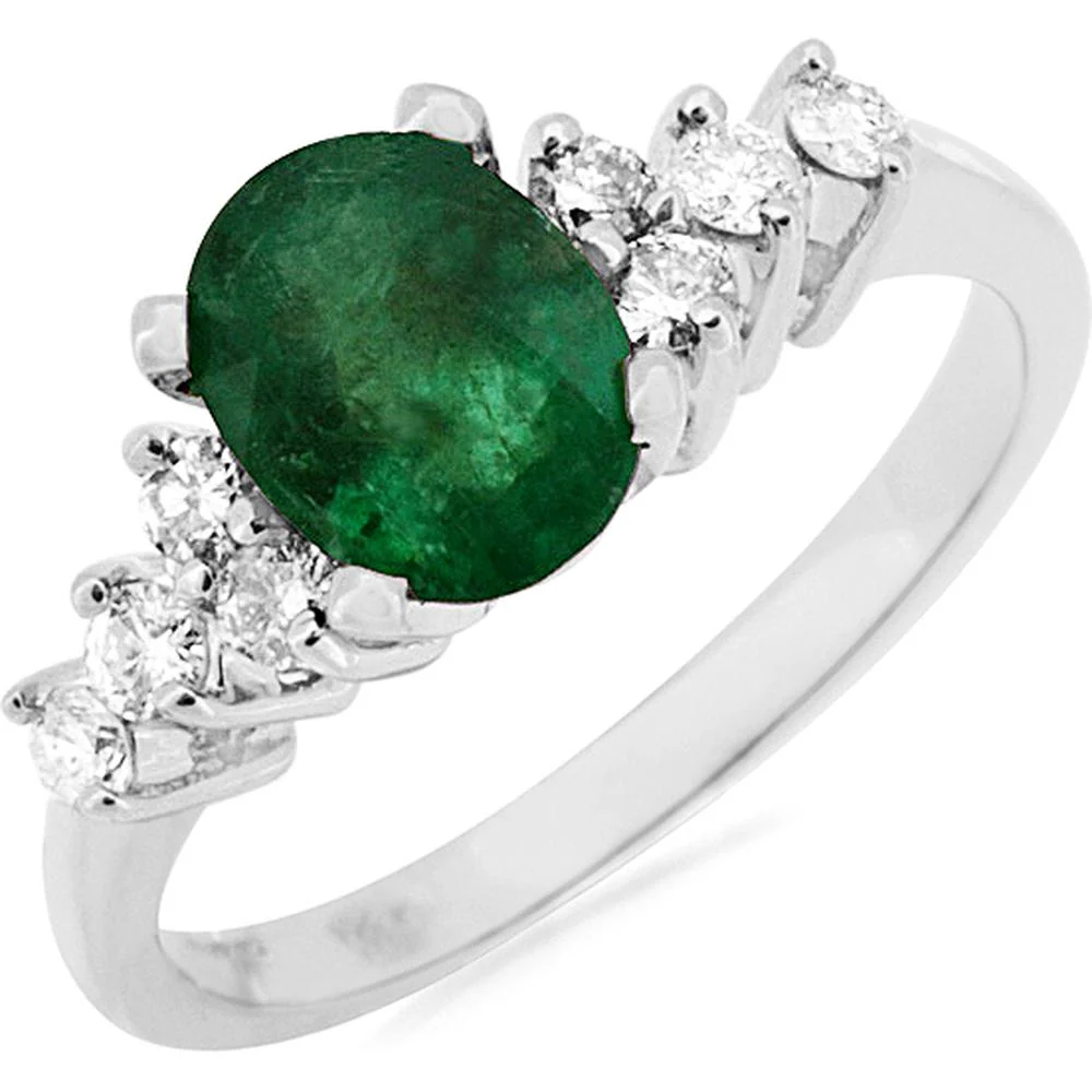 14K White Gold Emerald & Diamond Ring with Oval Emerald and Round Diamonds - 1.45 Carats Total Gem Weight - Royal Jewelry