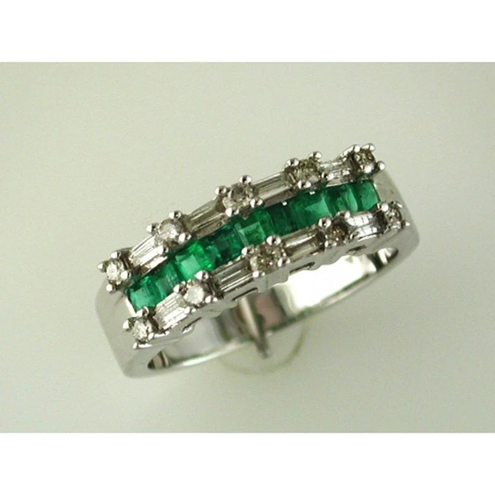 14K White Gold Emerald and Diamond Ring with Princess Cut Emeralds and Baguette Diamonds - 0.60 Carat Emerald Total Weight, 0.45 Carat Diamond Total Weight - Royal Jewelry