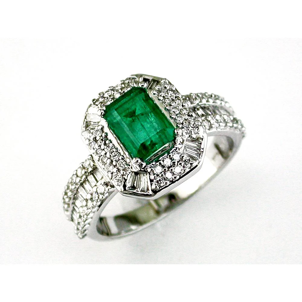 14K White Gold Emerald & Round Diamond Halo Ring - 1.83 Carats Total Gem Weight - Royal Jewelry