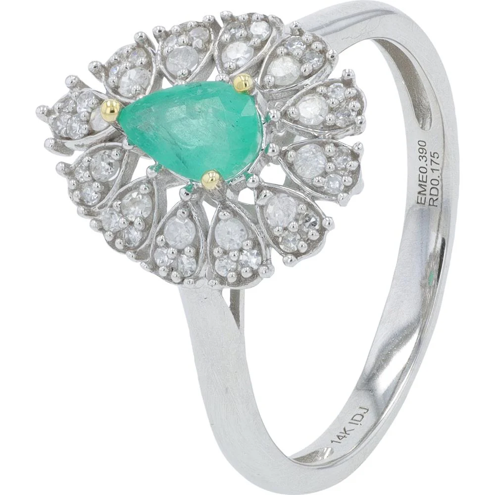 14K White Gold Emerald Center Ring with Diamond Accents - 0.39 Carat Total Gem Weight