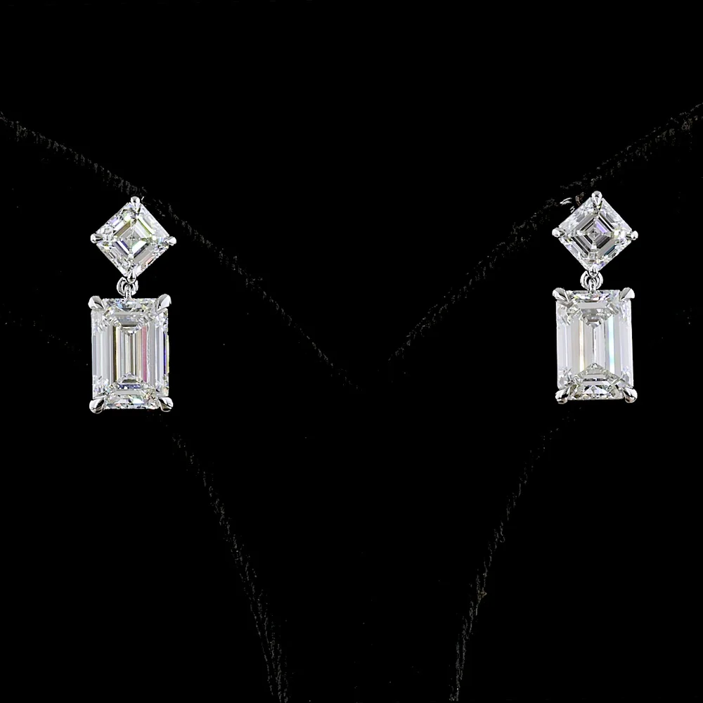 14K White Gold Emerald Cut and Asscher Cut Lab Diamond Hanging Earrings - 8.21 Carats Total Diamond Weight - Covaloro Fine Jewelry
