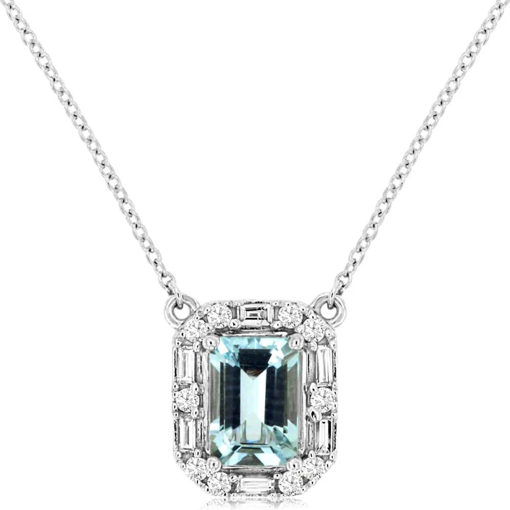 14K White Gold Emerald-Cut Aquamarine and Baguette & Round Diamond Halo Pendant Necklace - 0.90 Carat Aquamarine, 0.19 Carat Diamond Total Weight - Royal Jewelry