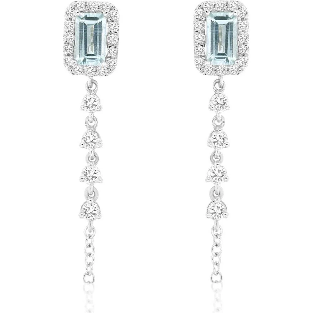 14K White Gold Emerald Cut Aquamarine and Diamond Drop Earrings with Halo Setting - 0.70 Carat Aquamarine Total Weight, 0.40 Carat Diamond Total Weight - Royal Jewelry