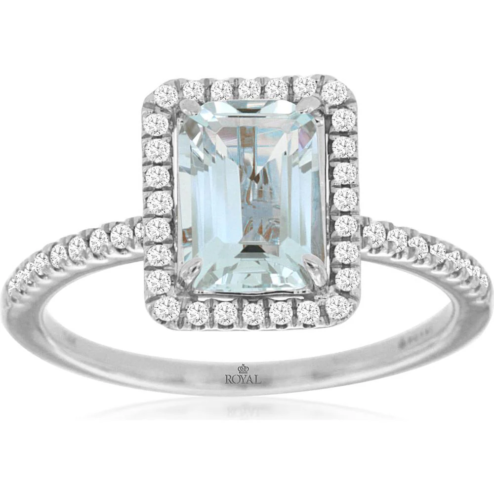 14K White Gold Emerald-Cut Aquamarine and Diamond Halo Ring - 1.40 Carat Aquamarine and 0.20 Carat Total Diamond Weight - Royal Jewelry