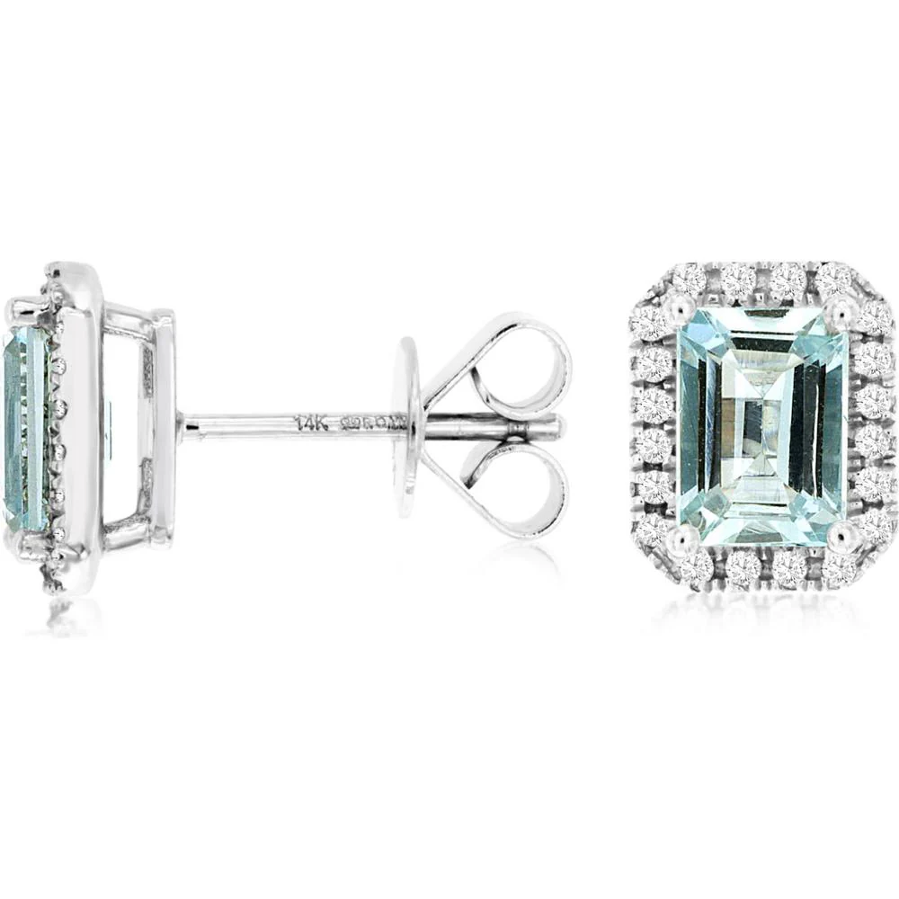 14K White Gold Emerald Cut Aquamarine and Diamond Halo Stud Earrings - 1.75 Carat Total Aquamarine Weight, 0.20 Carat Total Diamond Weight - Royal Jewelry