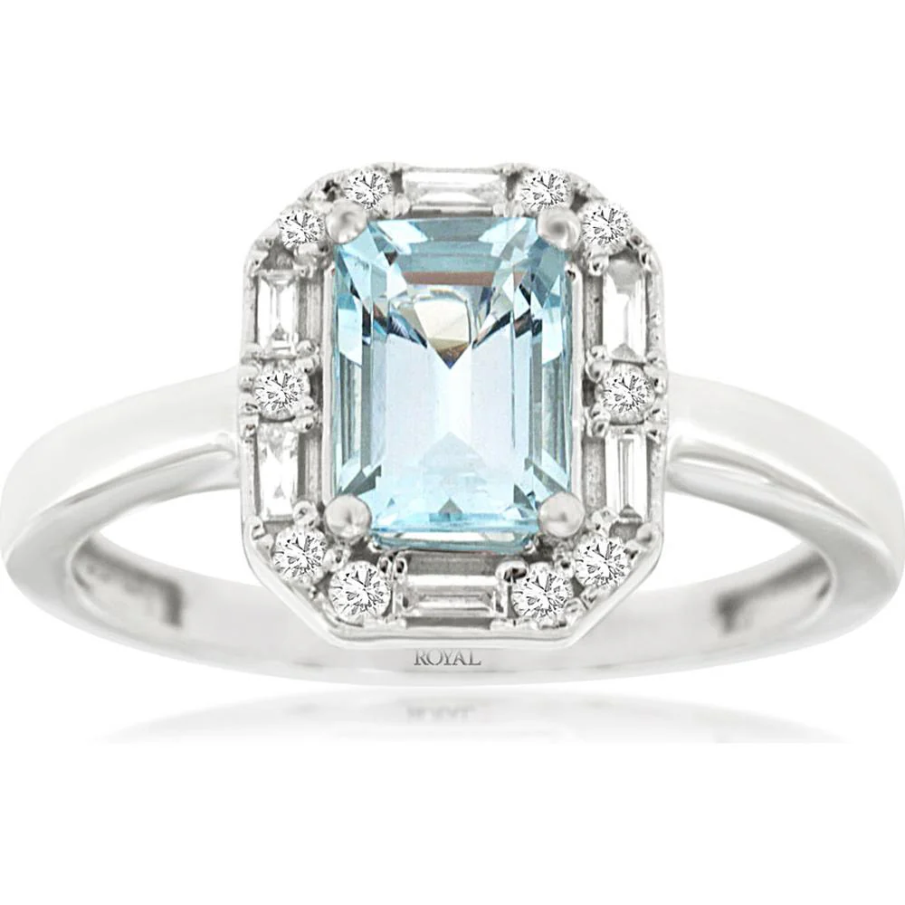 14K White Gold Emerald Cut Aquamarine Ring with Baguette and Round Diamond Halo - 0.90 Carat Aquamarine, 0.19 Carat Diamond Total Weight - Royal Jewelry