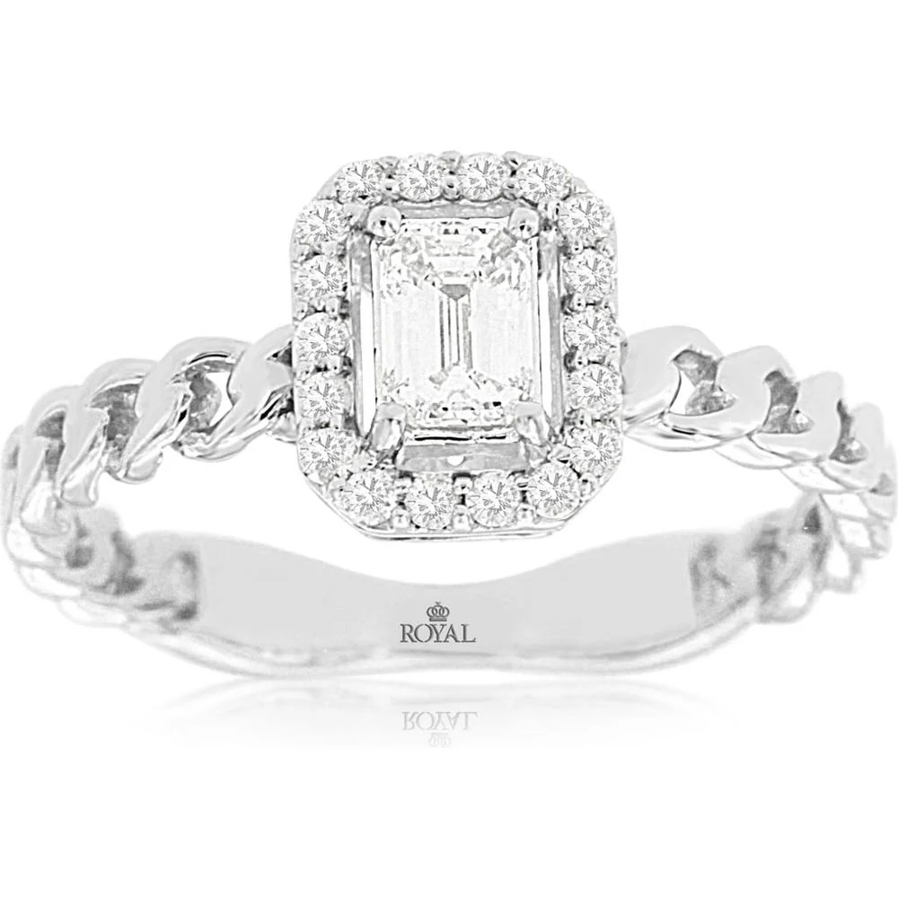 14K White Gold Emerald Cut Diamond Engagement Ring with Baguette and Round Diamond Halo Accents - 0.45 Carat Total Diamond Weight - Royal Jewelry
