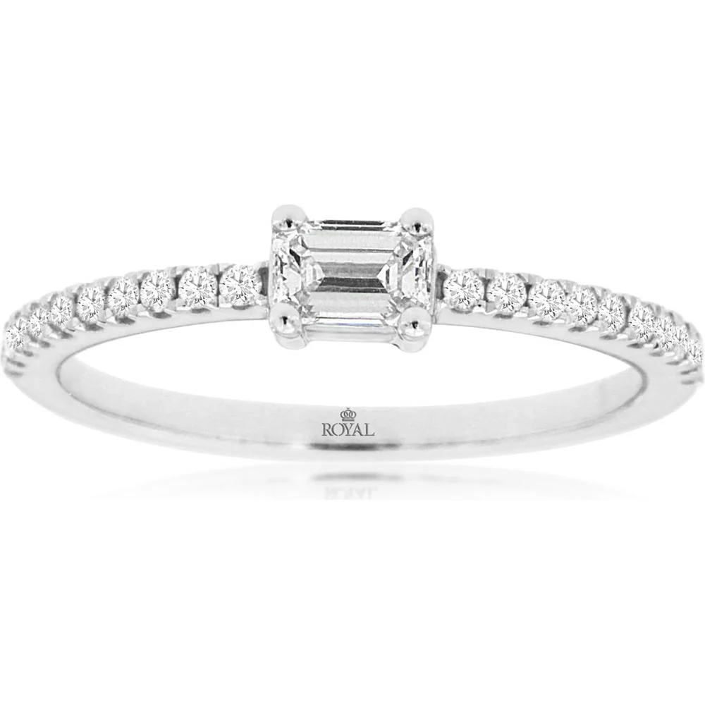 14K White Gold Emerald Cut Diamond Engagement Ring with Diamond-Set Band - 0.42 Carats Total Diamond Weight - Royal Jewelry