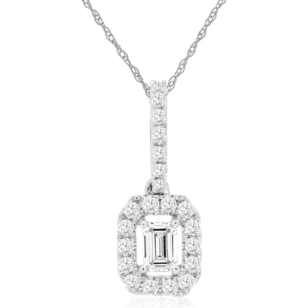 14K White Gold Emerald-Cut Diamond Halo Pendant Necklace with Diamond-Accented Bail - 0.31 Carat Total Diamond Weight - Royal Jewelry
