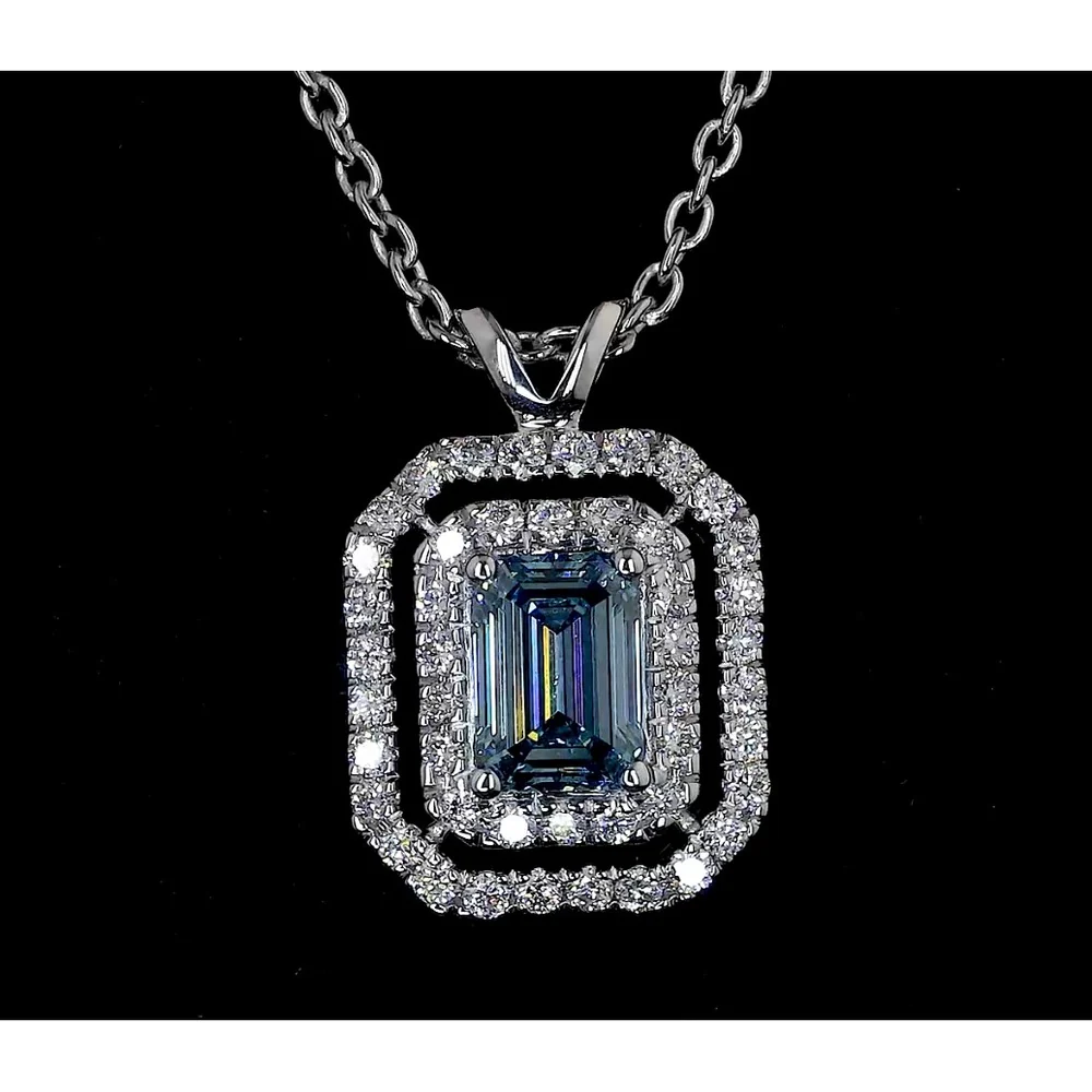 14K White Gold Emerald Cut Double Halo Pendant with Fancy Vivid Blue Lab Diamond and Round White Diamonds - 0.74 Carat Total Weight - Covaloro Fine Jewelry - Image 2