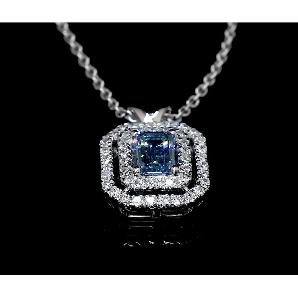 14K White Gold Emerald Cut Double Halo Pendant with Fancy Vivid Blue Lab Diamond and Round White Diamonds - 0.74 Carat Total Weight - Covaloro Fine Jewelry - Image 3
