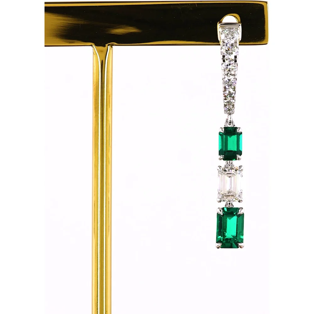 14K White Gold Emerald Cut Drop Earrings with Alternating Green Lab Emeralds and Diamond Accents - 1.36 Carat Total Weight - Covaloro Fine Jewelry - Image 2
