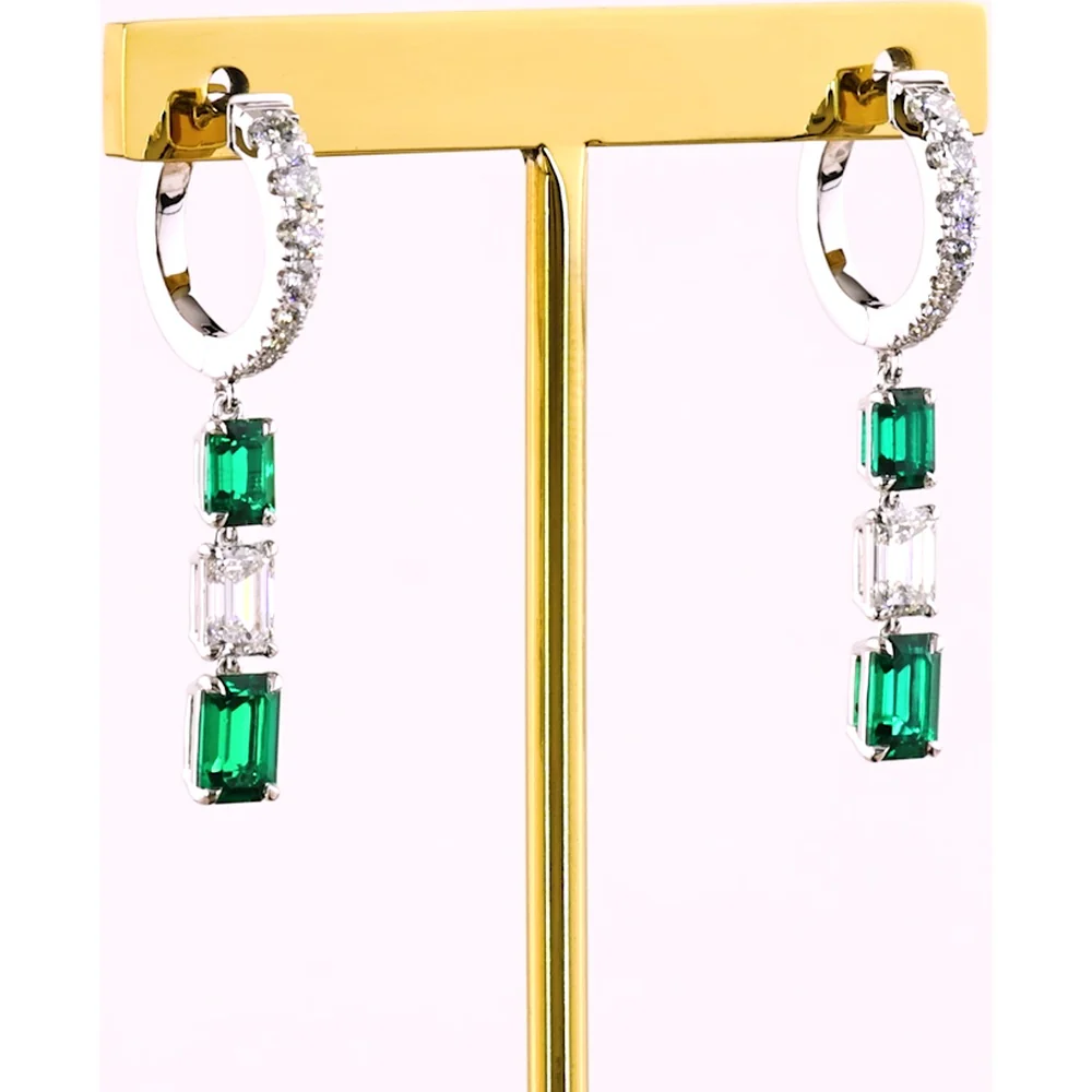 14K White Gold Emerald Cut Drop Earrings with Alternating Green Lab Emeralds and Diamond Accents - 1.36 Carat Total Weight - Covaloro Fine Jewelry - Image 3