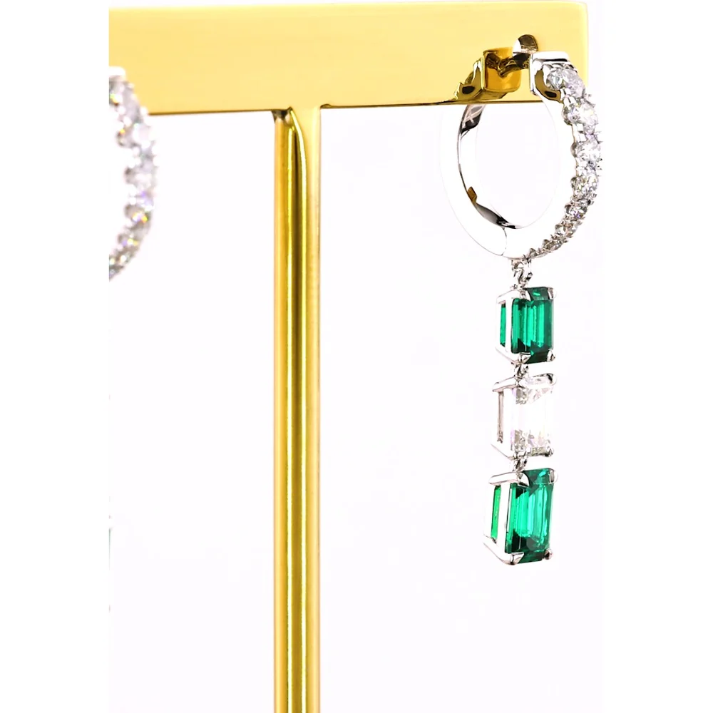 14K White Gold Emerald Cut Drop Earrings with Alternating Green Lab Emeralds and Diamond Accents - 1.36 Carat Total Weight - Covaloro Fine Jewelry - Image 4
