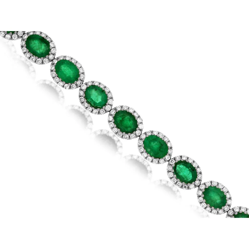 14K White Gold Emerald-Cut Emerald and Diamond Halo Tennis Bracelet - 5.00 Carat Total Emerald Weight and 1.20 Carat Total Diamond Weight - Royal Jewelry