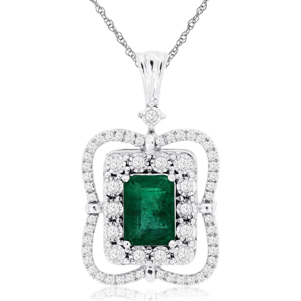 14K White Gold Emerald Cut Emerald Pendant with Diamond Halo and Outer Frame - 1.00 Carat Emerald & 0.25 Carat Diamond Total Weight - Royal Jewelry