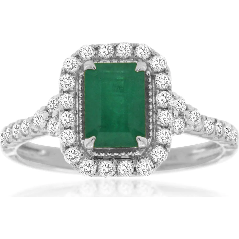 14K White Gold Emerald-Cut Emerald Ring with Diamond Halo - 1.46 Carats Total Gemstone Weight - Royal Jewelry