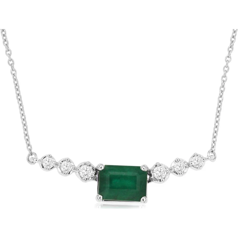 14K White Gold Emerald Cut Emerald Station Necklace with Round Diamond Accents - 1.04 Carat Emerald, 0.14 Carat Diamond - Royal Jewelry