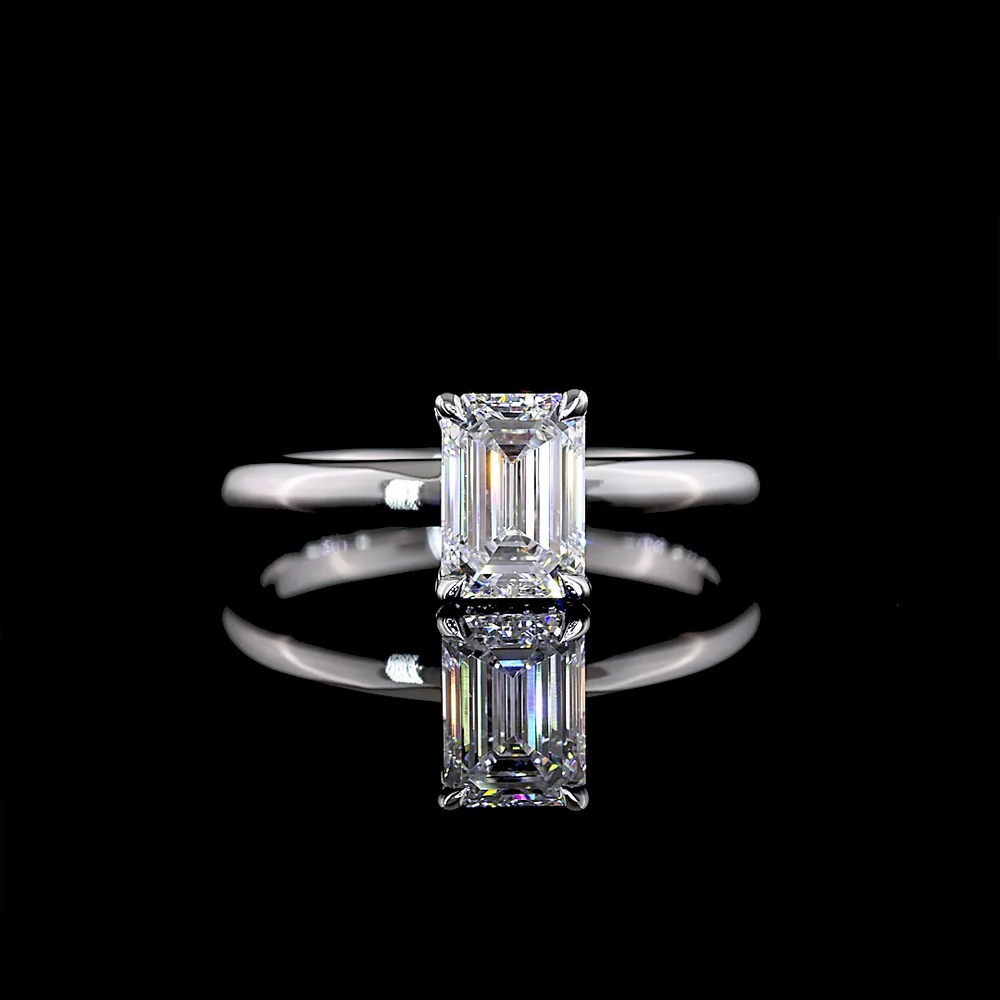 14K White Gold Emerald Cut Hidden Halo Ring with 1.01 Carat Lab Grown D VVS2 Center Diamond and 0.04 Carat Brilliant Cut Accent Diamonds - 1.05 Carat Total Diamond Weight - Covaloro Fine Jewelry