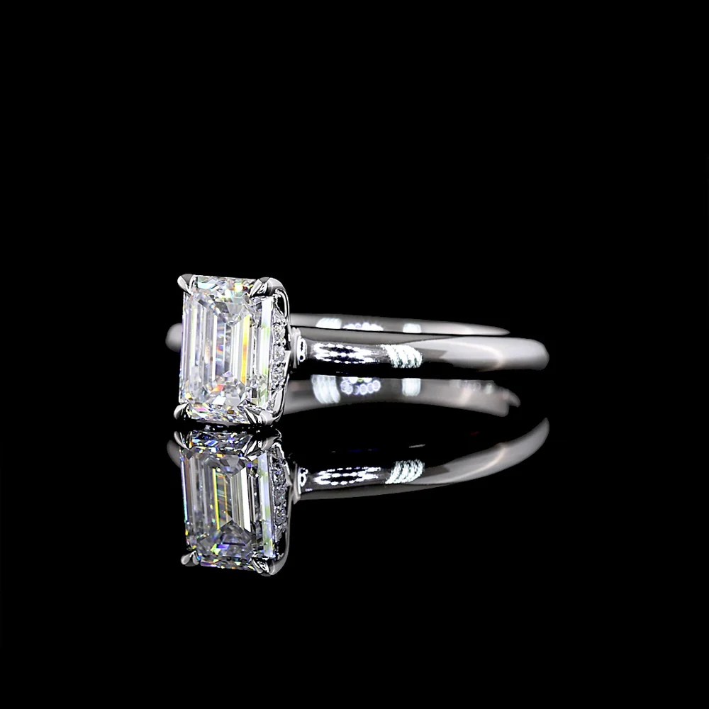 14K White Gold Emerald Cut Hidden Halo Ring with 1.01 Carat Lab Grown D VVS2 Center Diamond and 0.04 Carat Brilliant Cut Accent Diamonds - 1.05 Carat Total Diamond Weight - Covaloro Fine Jewelry - Image 3