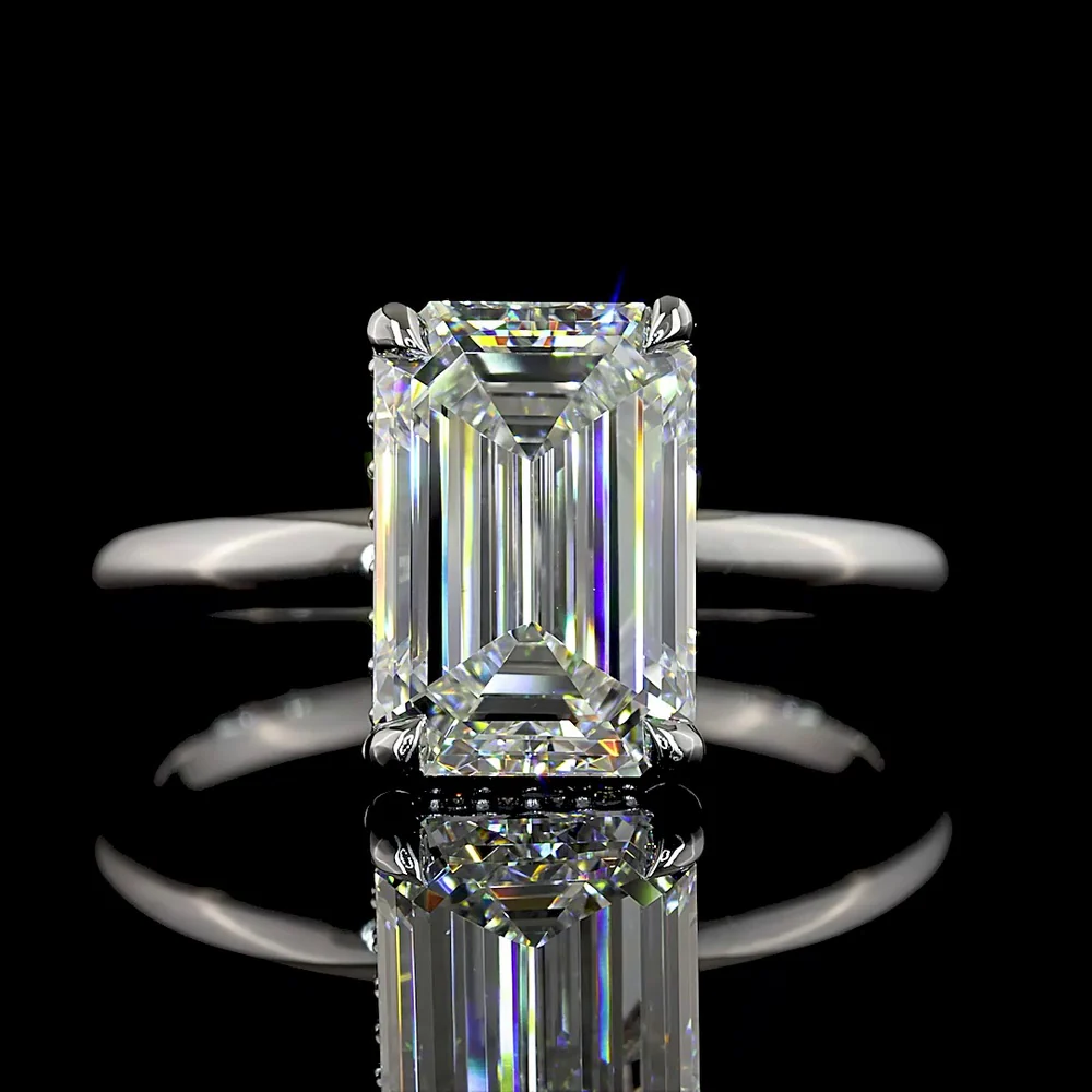 14K White Gold Emerald Cut Hidden Halo Ring with 3.00 Carat Lab Diamond Center and 22 Brilliant Cut Accent Stones - 3.09 Total Carat Weight, IGI Certified - Covaloro Fine Jewelry - Image 2