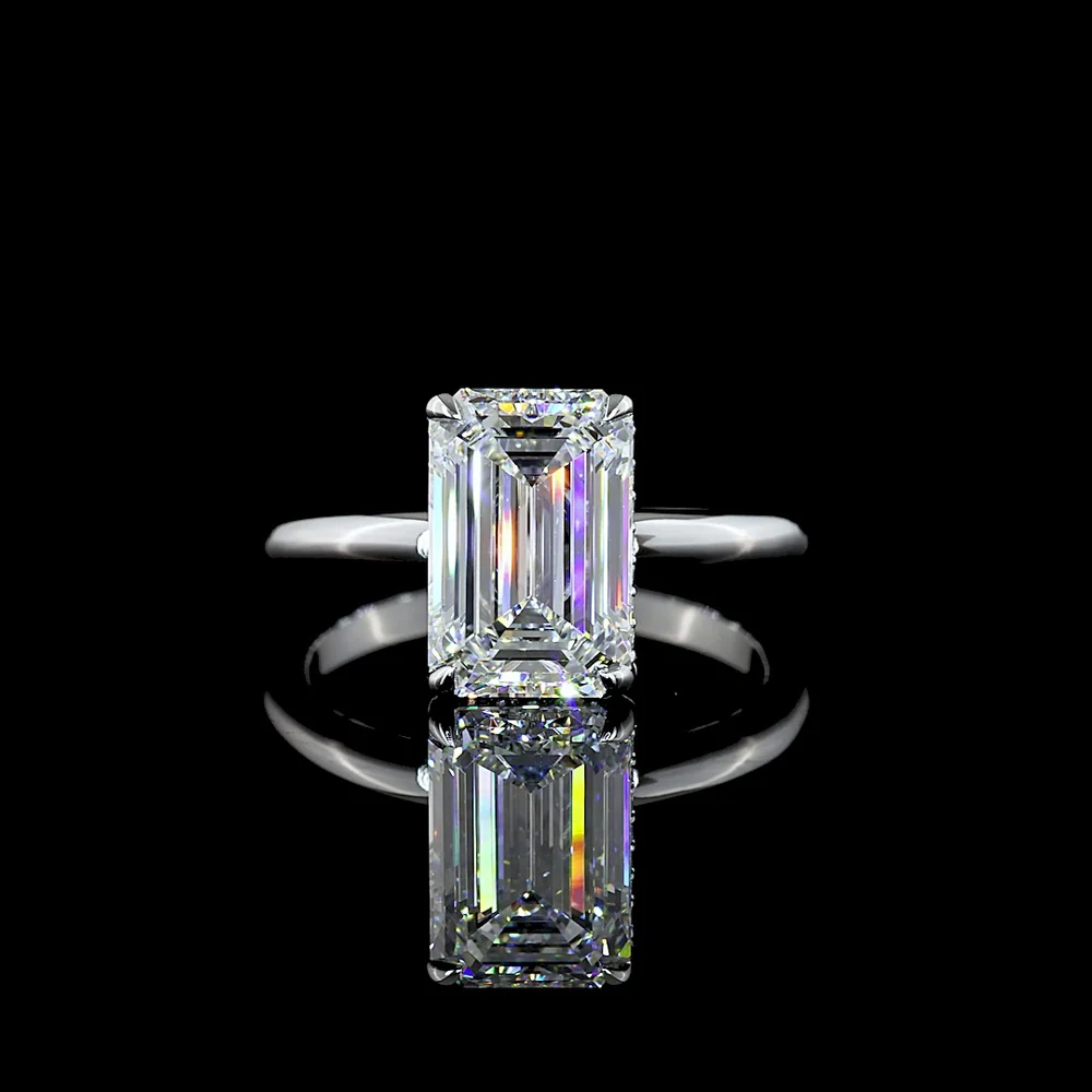 14K White Gold Emerald Cut Hidden Halo Ring with 3.08 Carat Lab Grown Diamond and 0.11 Carat Brilliant Cut Accents - IGI Certified E VVS2 - Covaloro Fine Jewelry
