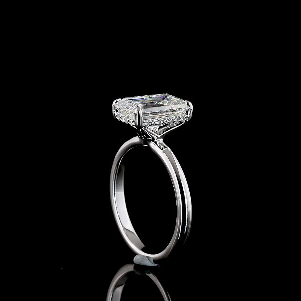 14K White Gold Emerald Cut Hidden Halo Ring with 3.08 Carat Lab Grown Diamond and 0.11 Carat Brilliant Cut Accents - IGI Certified E VVS2 - Covaloro Fine Jewelry - Image 3