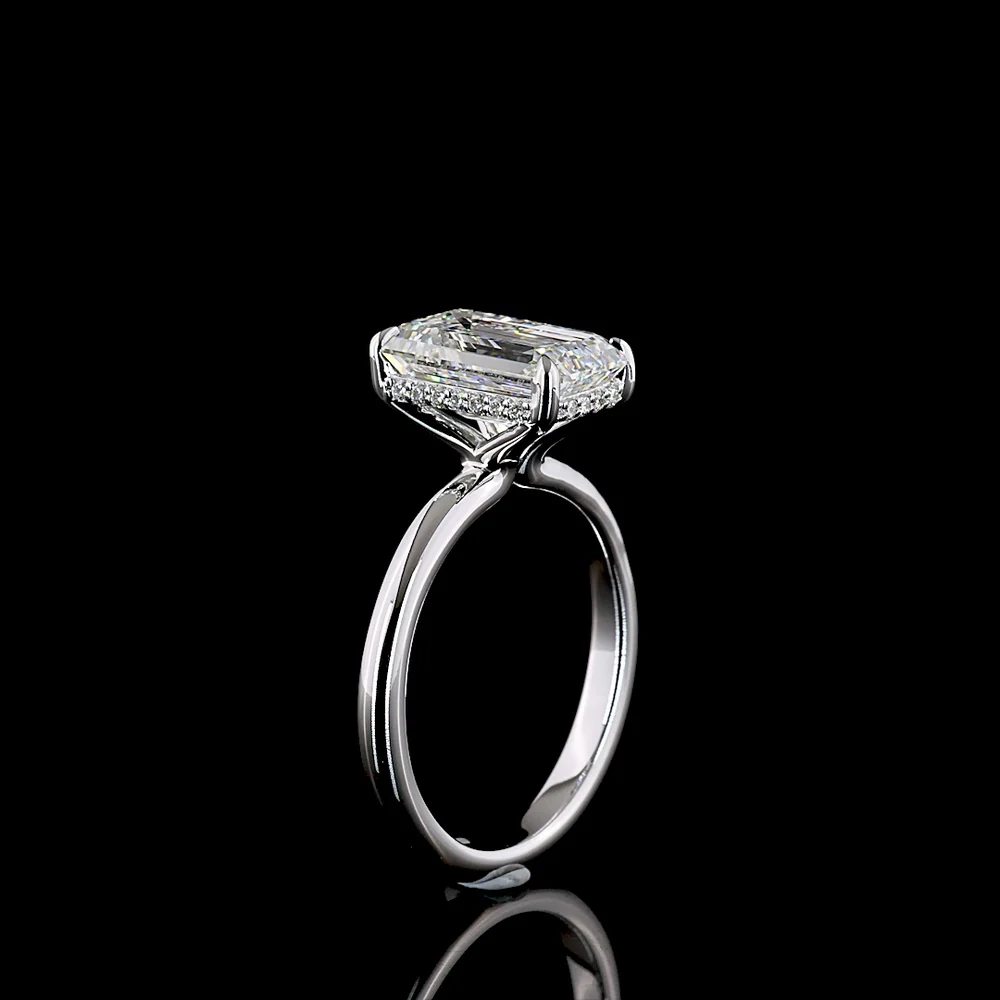 14K White Gold Emerald Cut Hidden Halo Ring with 3.08 Carat Lab Grown Diamond and 0.11 Carat Brilliant Cut Accents - IGI Certified E VVS2 - Covaloro Fine Jewelry - Image 4