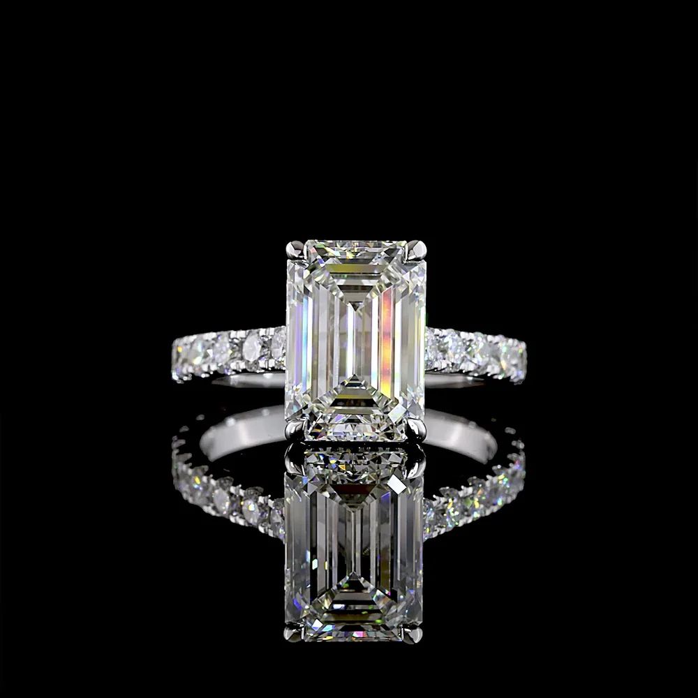 14K White Gold Emerald Cut Hidden Halo Ring with Lab Diamonds - 5.07 Carats Total Diamond Weight - Covaloro Fine Jewelry