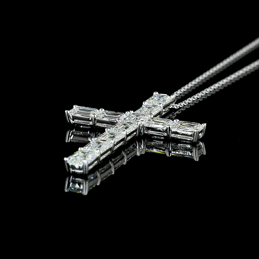 14K White Gold Emerald Cut Lab Diamond Cross Pendant - 11 Stones, 5.61 Carat Total Weight - Covaloro Fine Jewelry - Image 4