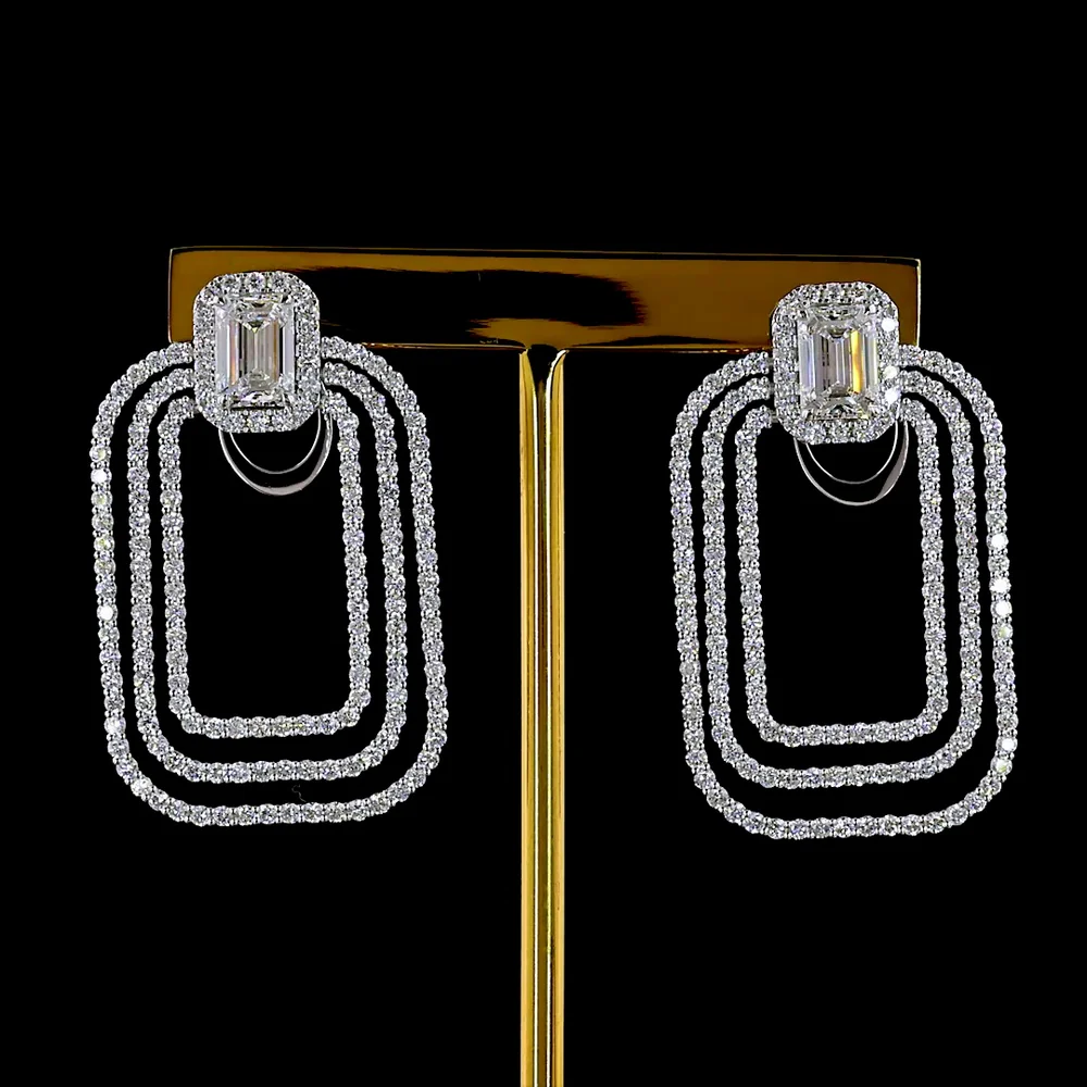 14K White Gold Emerald Cut Lab Diamond Hanging Earrings with Cascading Rectangular Hoops - 5.65 Carat Total Diamond Weight - Covaloro Fine Jewelry