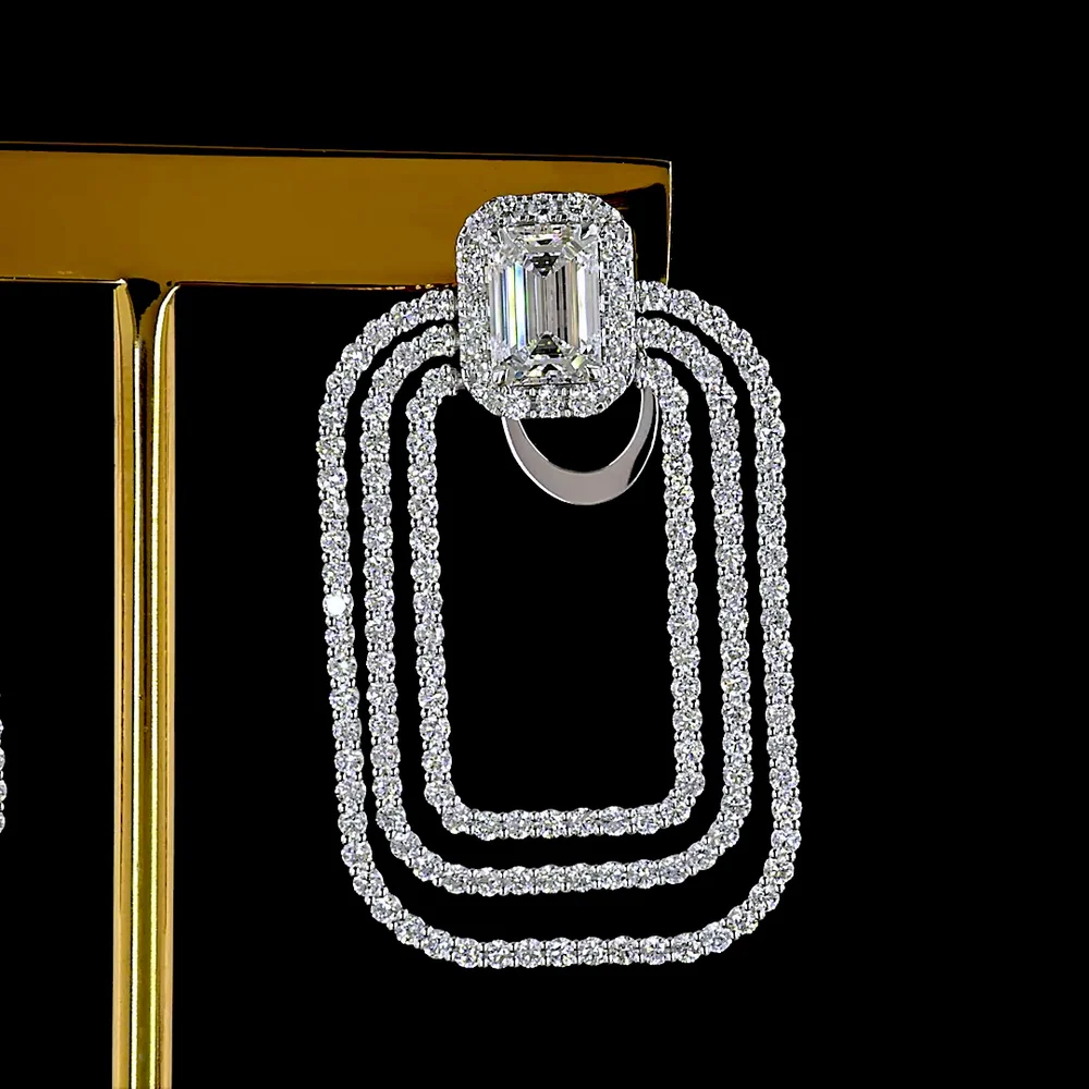14K White Gold Emerald Cut Lab Diamond Hanging Earrings with Cascading Rectangular Hoops - 5.65 Carat Total Diamond Weight - Covaloro Fine Jewelry - Image 2