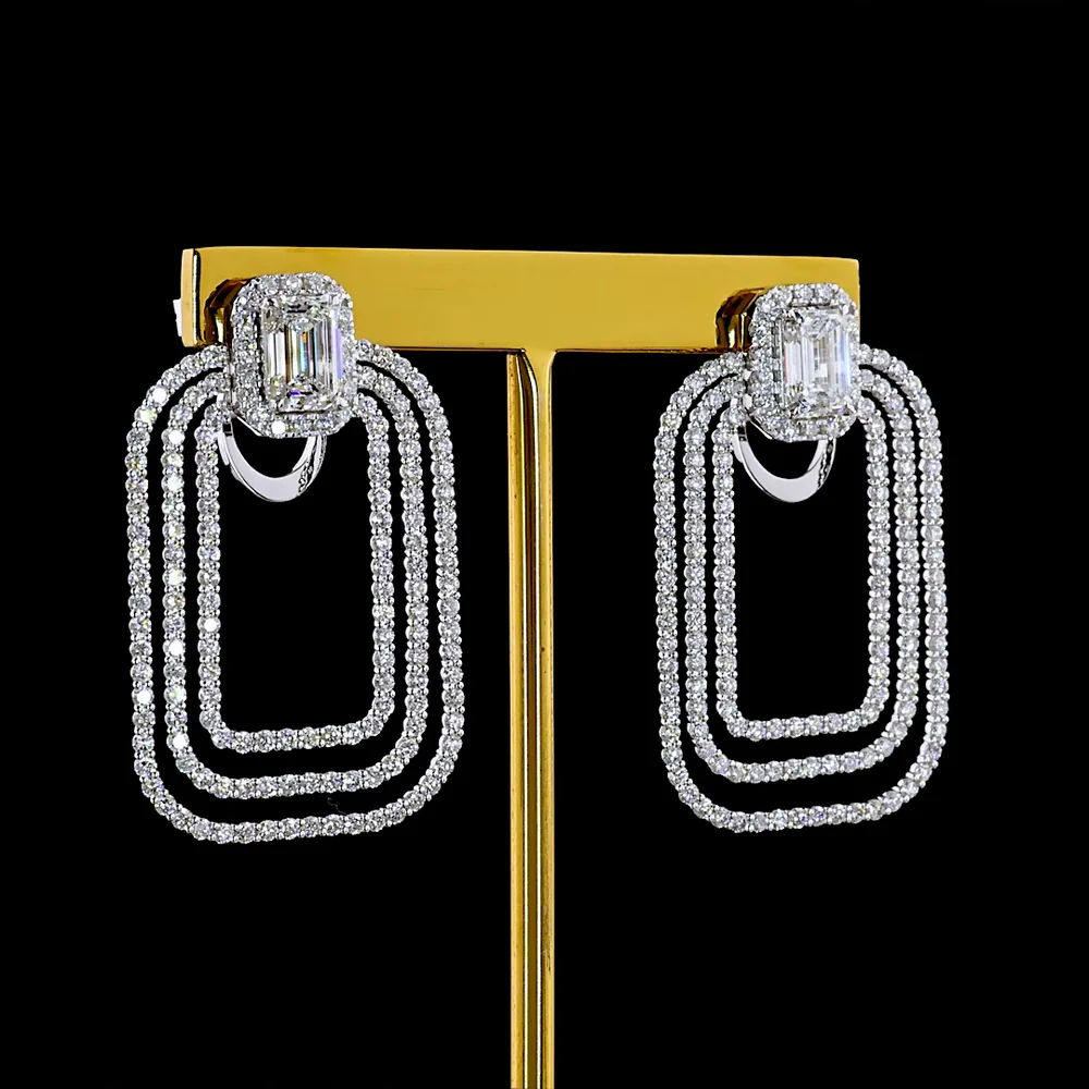 14K White Gold Emerald Cut Lab Diamond Hanging Earrings with Cascading Rectangular Hoops - 5.65 Carat Total Diamond Weight - Covaloro Fine Jewelry - Image 3