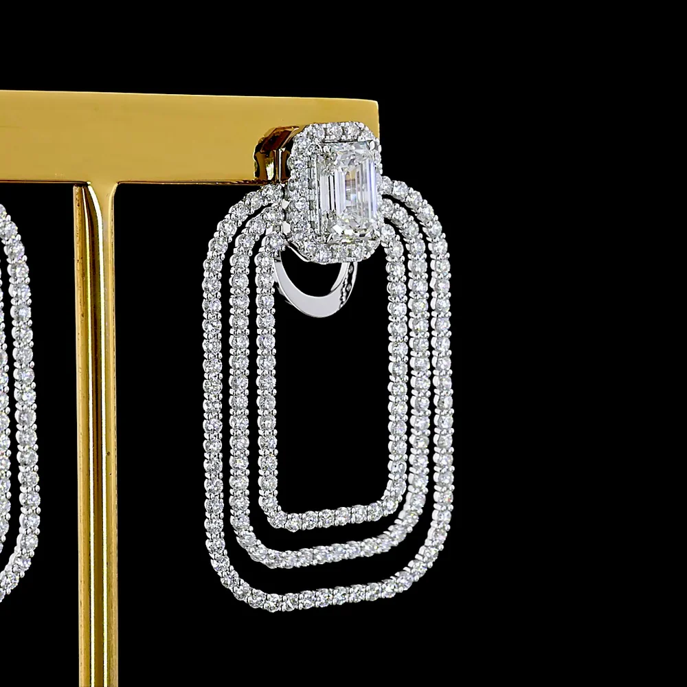 14K White Gold Emerald Cut Lab Diamond Hanging Earrings with Cascading Rectangular Hoops - 5.65 Carat Total Diamond Weight - Covaloro Fine Jewelry - Image 4
