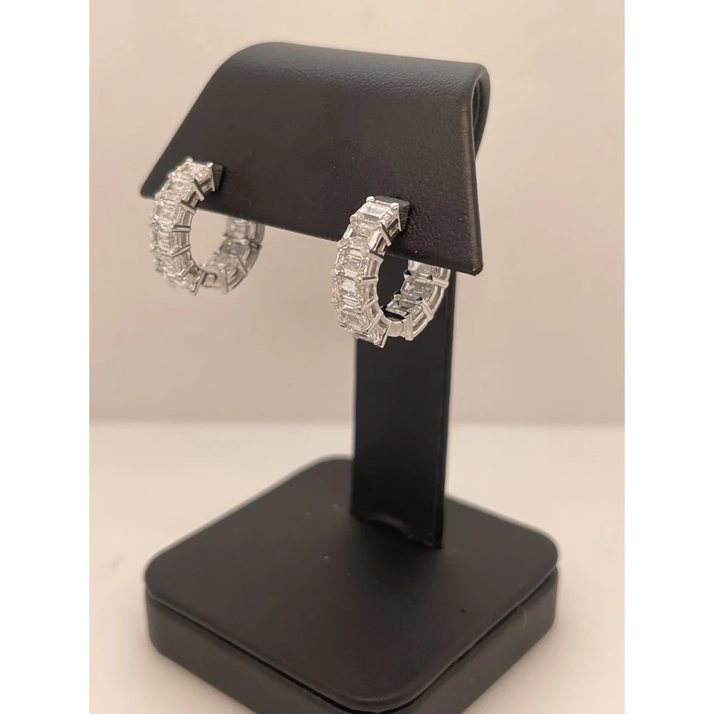 14K White Gold Emerald Cut Lab Diamond Huggie Earrings - 6.60 Carat Total Weight, 20 Stones, E-F Color VS2 Clarity - Covaloro Fine Jewelry - Image 2