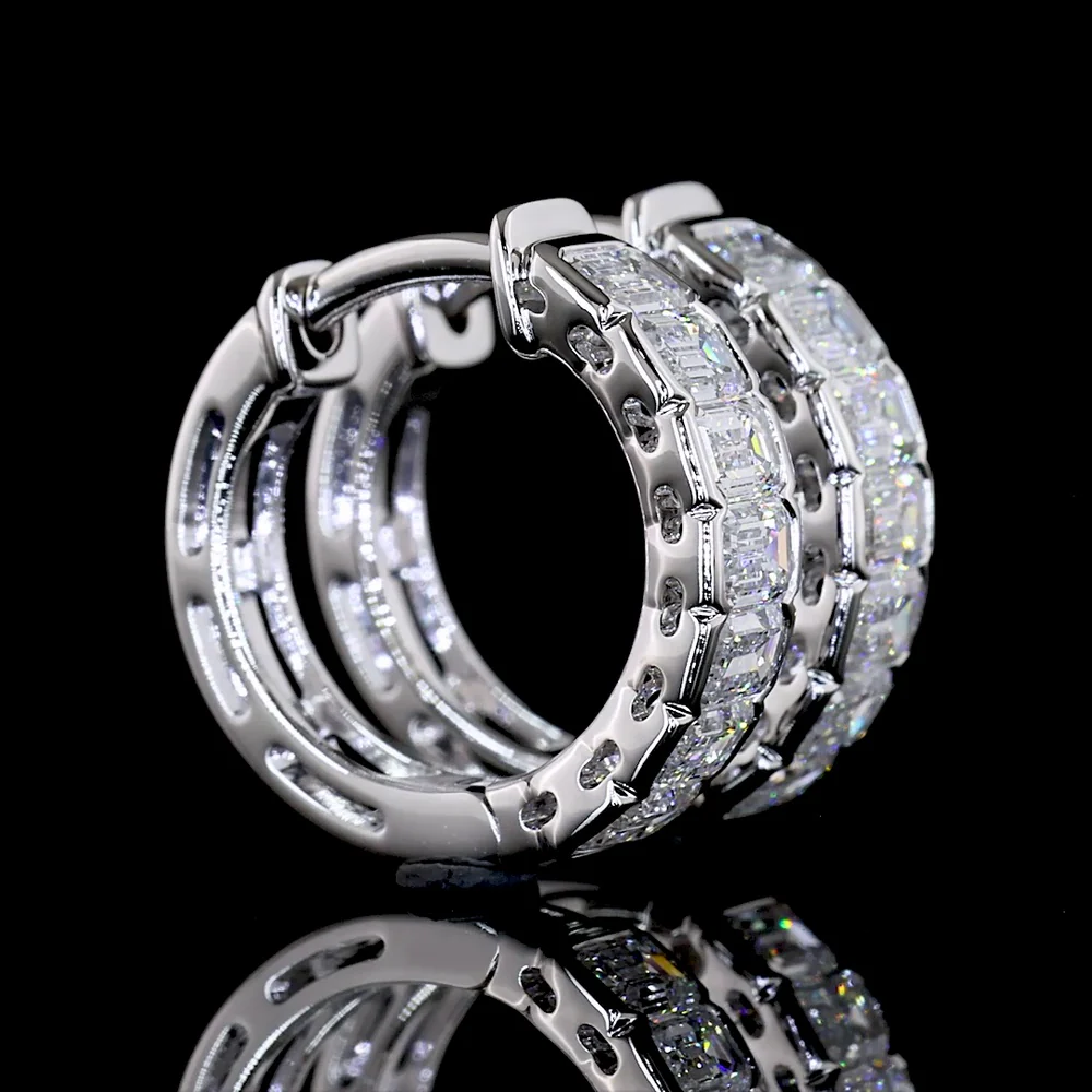 14K White Gold Emerald Cut Lab Diamond Huggie Earrings with Half Bezel Setting - 1.08 Carats Total Diamond Weight - Covaloro Fine Jewelry