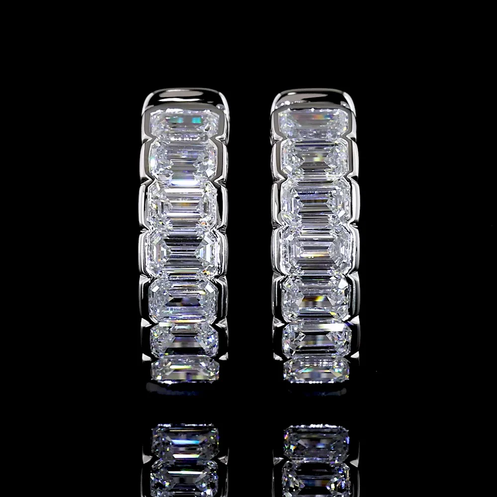 14K White Gold Emerald Cut Lab Diamond Huggie Earrings with Half Bezel Setting - 1.08 Carats Total Diamond Weight - Covaloro Fine Jewelry - Image 2