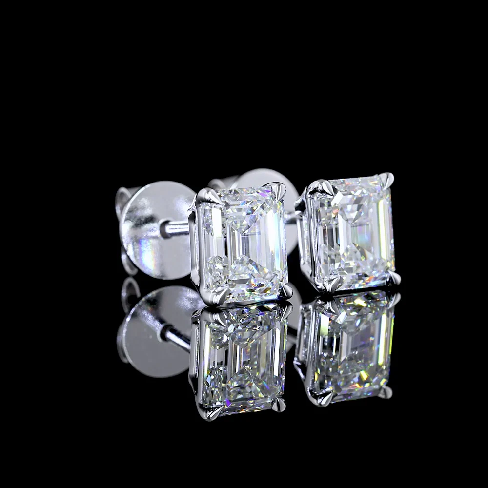 14K White Gold Emerald-Cut Lab Diamond Stud Earrings with North-South Prong Setting - 1.81 Carat Total Weight (E Color, VVS2 Clarity) - Covaloro Fine Jewelry