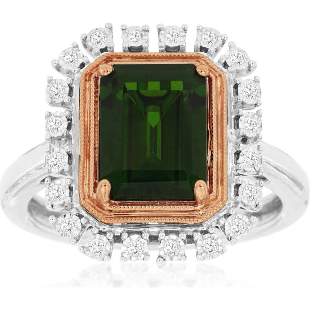 14K White Gold Emerald Cut Russalite Ring with Diamond Halo - 2.50 Carat Russalite & 0.10 Carat Total Diamond Weight - Royal Jewelry